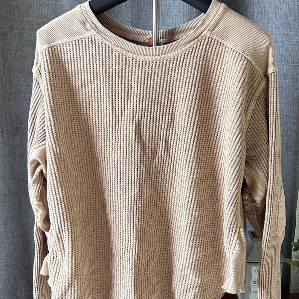 Casual Beige Waffle Knit Long Sleeve Top
